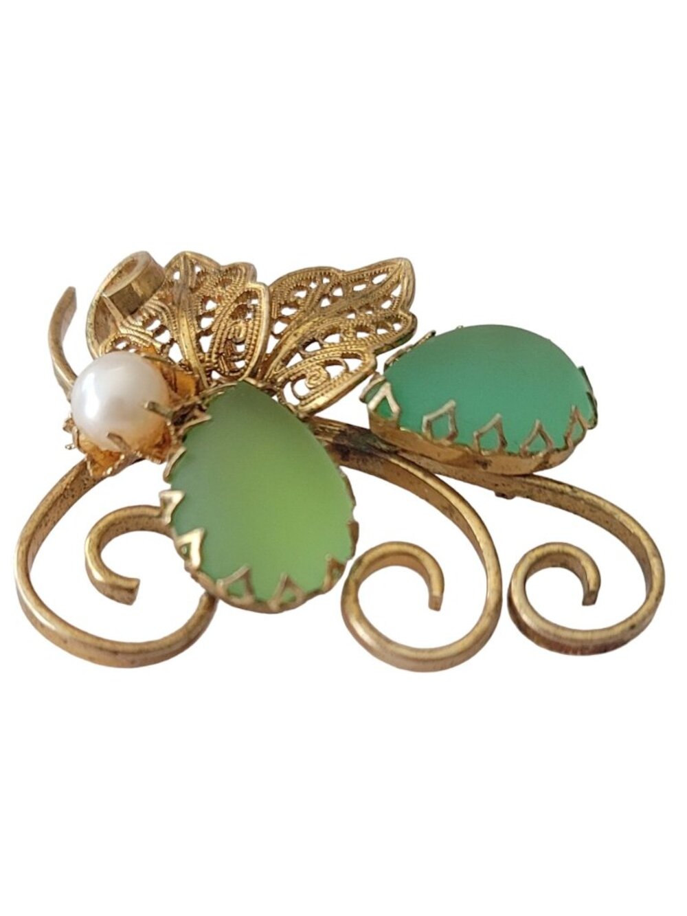 W Germany Green Frosted Glass Rhinestone Filigree Genuine Pearl Leaf Pin, E633